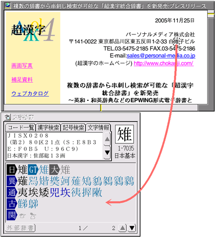超漢字のブラウザに表示された文字の文字情報を知る例