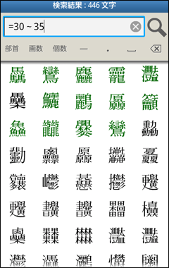 総画数が30画から35画の漢字を検索した例